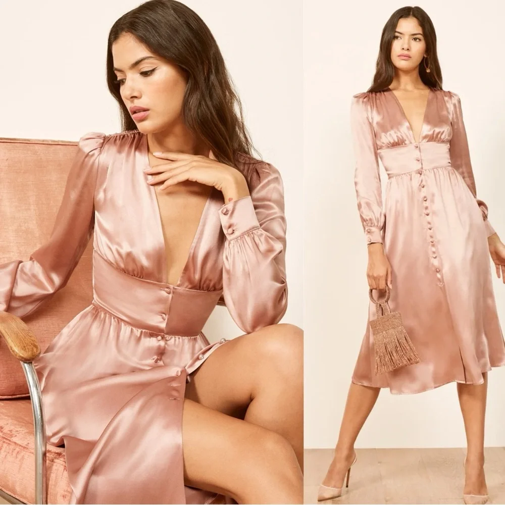 Reformation Midi Silk Nicola Dress in Praline